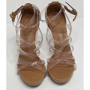 🪀TORY BURCH Clear Plastic Strapping STILETTO SANDALS NEUTRAL TAN Size 7 1/2 M